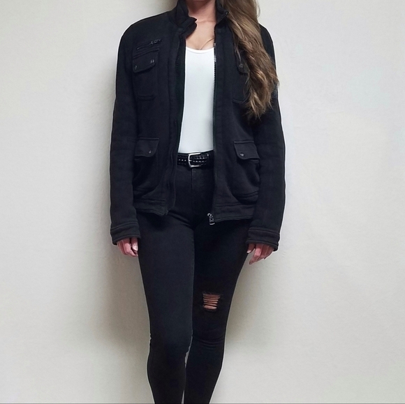 DIESEL Washed Black Multi-Pocket Insulated Full-zip Jersey Cotton Utility Jacket - Picture 2 of 16